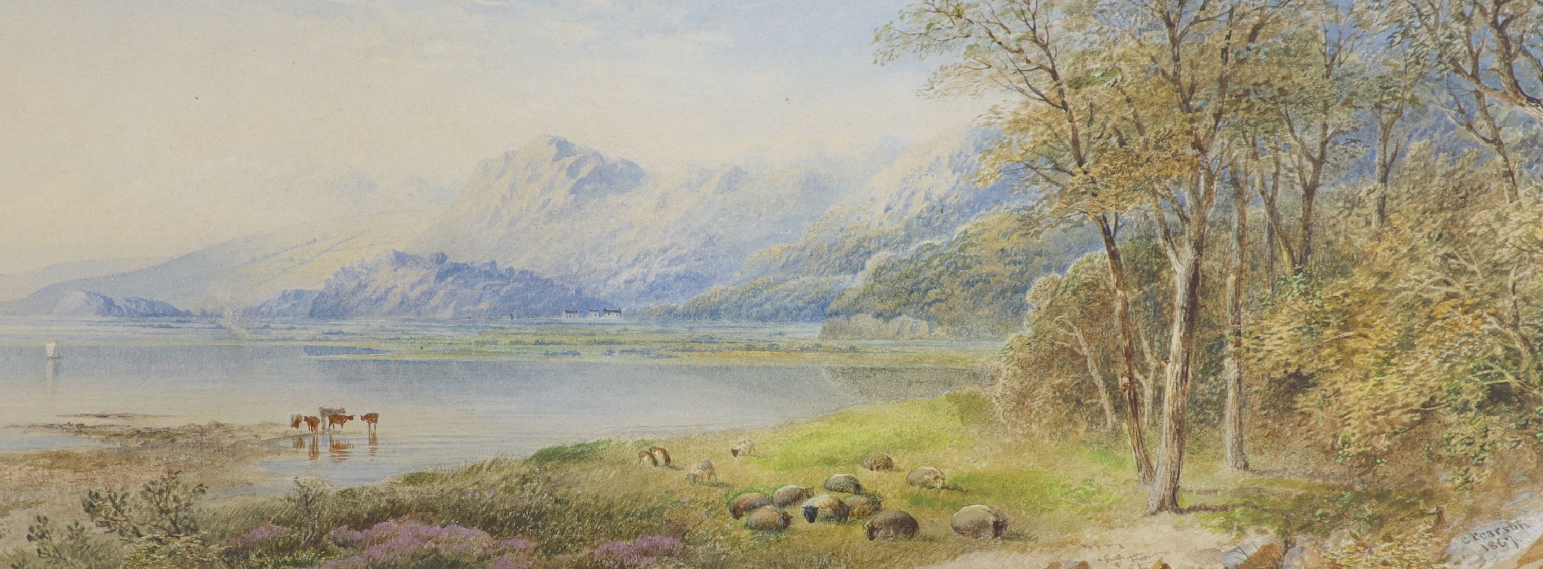 Cornelius Pearson (1805-1891), two watercolours, River landscape with barge and cattle beside a loch, signed and dated 1864/1867, 18 x 47 cm.